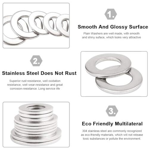 Serplex 360Pcs 304 Stainless Steel Flat Washers For Screws Bolts, Fender Washers Assortment Set, Assorted Hardware Lock Metal Washers Kit 9 Sizes-M2 M2.5 M3 M4 M5 M6 M8 M10 For Home, Factories Repair