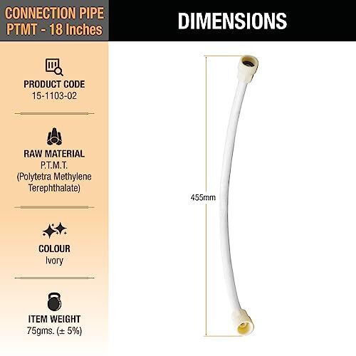 Ruhe 18 Inches Connection Pipe | Ptmt Heavy Duty Connection Pipe |White | Hose Pipe Suitable For Countertop Faucets| Pipe For Basins And Sinks, Geysers & Flush Tanks | Bathroom Accessories (Set Of 2)