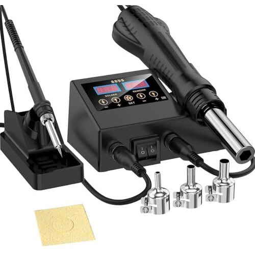 Serplex Rework Soldering Station 2-In-1 With Hot Air Gun & Soldering Iron  Lcd Display, Divided Switches, Includes Iron Holder & Multi-Size Nozzles