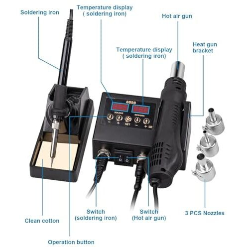 Serplex Rework Soldering Station 2-In-1 With Hot Air Gun & Soldering Iron  Lcd Display, Divided Switches, Includes Iron Holder & Multi-Size Nozzles