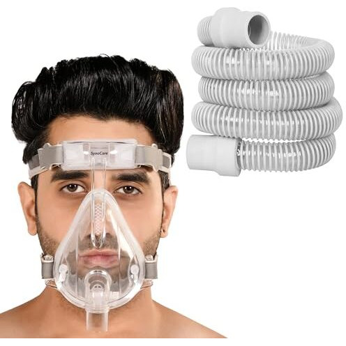 Synocare Cpap Bipap Mask & Hose Pipe Combo For Bipap Machine Cpap Machine For Sleep Apnea Full Face Mask Compatible To All Cpap Bipap Machine With Head Strap 100% Transparent - Combo Of 2 (Large)