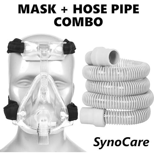 Synocare Cpap Bipap Mask & Hose Pipe Combo For Bipap Machine Cpap Machine For Sleep Apnea Full Face Mask Compatible To All Cpap Bipap Machine With Head Strap 100% Transparent - Combo Of 2 (Large)