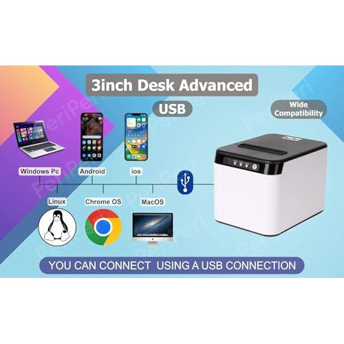 Periperi 3Inch Desk Advanced 80Mm Inkless Receipt Thermal Printer With Auto Cutter & Cash Drawer Support, Esc/Pos Bill Print (1Year Warranty) (Usb)