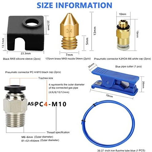 Hasthip Upgrade 3D Printer Kit With Capricorn Premium Xs Bowden Tubing 1M, Ptfe Teflon Tube Cutter, Pneumatic Fittings And Mk8 Socks And Extra Nozzles For Ender 3/3 Pro/ 5/ Vyper/Voxelab Aquila