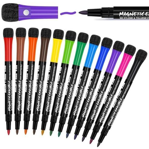 Zollyss White Board Marker, 12 Colors Magnetic Whiteboard Markers With Eraser Cap, Low Odor Magnetic Dry Erase Markers Fine Point Tip For Kids & Teachers, Home, Office And School Supplies