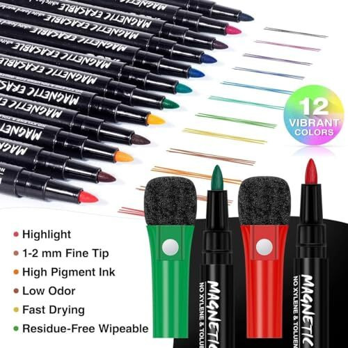 Zollyss White Board Marker, 12 Colors Magnetic Whiteboard Markers With Eraser Cap, Low Odor Magnetic Dry Erase Markers Fine Point Tip For Kids & Teachers, Home, Office And School Supplies