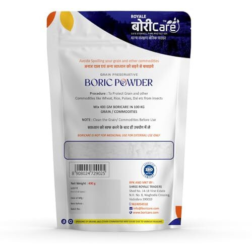 Boricare Boric Acid Powder, 400G Pack Of 1 For Grain Preservation, 99.5% Pure Boric Acid Powder, Multipurpose Boric Acid Powder For Rice, Pulse Preservation, Carrom Board Powder & Cockroach