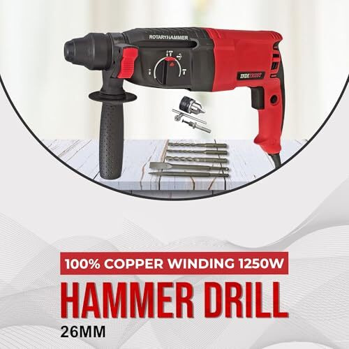 Inditrust Red 1250W 6 Months Warranty 26Mm 2-26 Re Reversible Rotary Hammer Drill Machine With 3 Modes 3 Hammers Bits 2 Chisels And 13Mm Drill Chuck Key And Adapter Set 100% Copper Winding