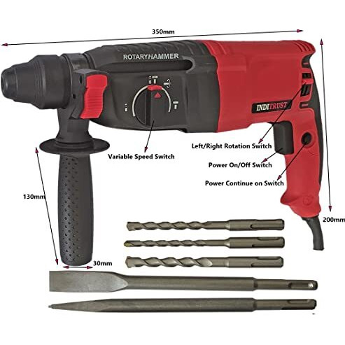 Inditrust Red 1250W 6 Months Warranty 26Mm 2-26 Re Reversible Rotary Hammer Drill Machine With 3 Modes 3 Hammers Bits 2 Chisels And 13Mm Drill Chuck Key And Adapter Set 100% Copper Winding