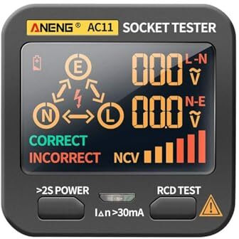 Amicisense Rcd Socket Tester, Large Lcd With Live Voltage And Leakage Display, Automatic Earth Neutral Line Wire Check Wall Plug Voltage And Leakage Tester, 230Vac