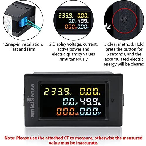 Amicisense Digital Energy Meter Single Phase 6 In 1, 40V-300V Ac 100A Power Meter With Multi-Colour Display (22Kw)