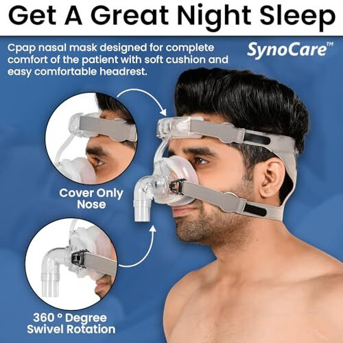Synocare Cpap Mask For Cpap Machine For Sleep Apnea Nasal Cpap Type Face Mask Covers Nose Only Compatible To All Cpap Machine With Head Strap 100% Transparent (Large)