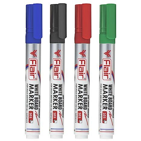 Flair Creative Series Dry Erase White Board Pen | Quick Drying Ink | Ideal For Whiteboard, Glass & Non-Porous Surface | Bright Ink Colors | 4 Shades Pouch Pack (Set Of 1)