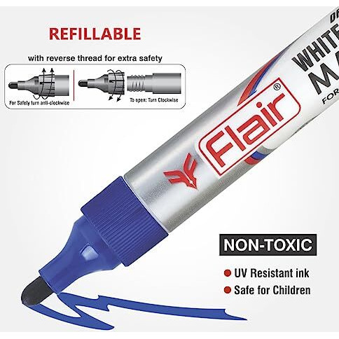 Flair Creative Series Dry Erase White Board Pen | Quick Drying Ink | Ideal For Whiteboard, Glass & Non-Porous Surface | Bright Ink Colors | 4 Shades Pouch Pack (Set Of 1)