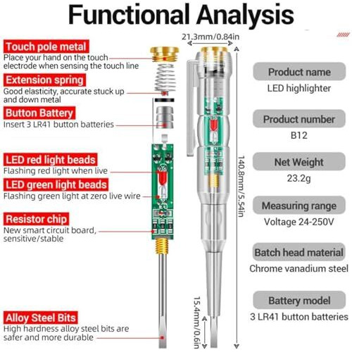 Sweezee 1 Pcs Electrical Tester Pen, 70-250V Induction Power Detector Pen Electrical Screwdriver Circuit Tester, Electrical Tester Pen With Led Color Light, Non-Contact Ac Voltage Tester Pen.