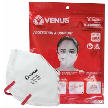 Venus V-4400 Niosh Certified N95 Mask, Pack Of 5, Unisex White Color Fold Flat Design Dust Nonwoven Fabric Mask, Protects Against Dust, Bacterial & Viral Agents