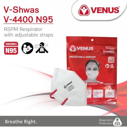 Venus V-4400 Niosh Certified N95 Mask, Pack Of 5, Unisex White Color Fold Flat Design Dust Nonwoven Fabric Mask, Protects Against Dust, Bacterial & Viral Agents