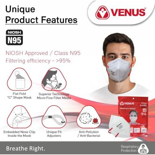 Venus V-4400 Niosh Certified N95 Mask, Pack Of 5, Unisex White Color Fold Flat Design Dust Nonwoven Fabric Mask, Protects Against Dust, Bacterial & Viral Agents