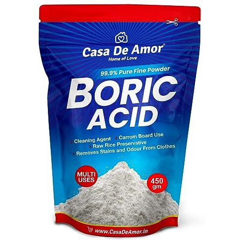 Casa De Amor Multi-Purpose Boric Acid 99.9% Pure Fine Powder- Highly Effective For Carrom Board, Rice Preservative, Multi-Purpose, Anhydrous (450 Gms)