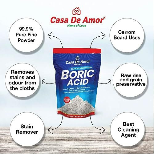 Casa De Amor Multi-Purpose Boric Acid 99.9% Pure Fine Powder- Highly Effective For Carrom Board, Rice Preservative, Multi-Purpose, Anhydrous (450 Gms)