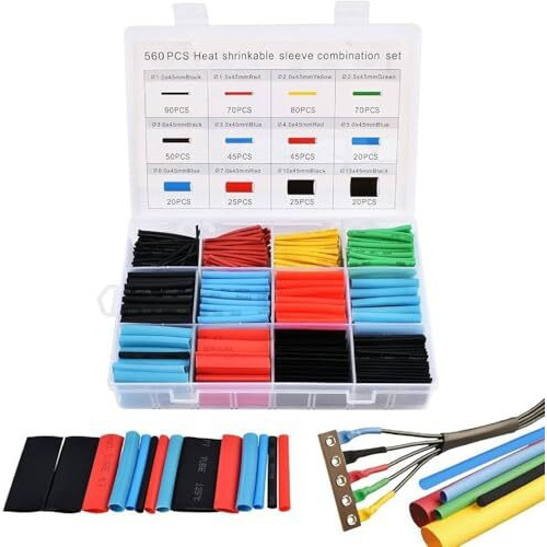 Naxue Electrical Wire Cable Sleeving Wrap- 560Pieces Heat Shrink Tubing 21, Cable Wrap Assortment Electric Insulation Heat Shrink Tube Kit With Box(5 Colors/12 Sizes) Black, Red, Blue, Yellow, Green