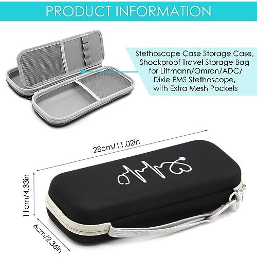 Zorbes Ethylene Vinyl Acetate (Eva) Stethoscope Case Portable Modern Bag, Shockproof Protective Storage Bag For Littmann/Omron/Adc/Dixie Ems Stethoscope, With Extra Mesh Pockets ( Bag Only), Black