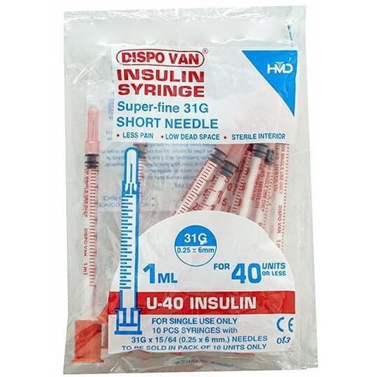Dispovan Single Use (Disposable) Insulin Syringes 31G 1Ml 0.25X60 (Pack Of 20)