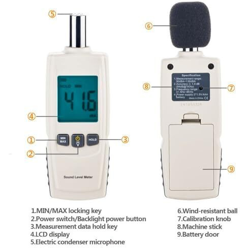 Mcp Sound Decibel Meter, Mcp Digital Mini Sound Pressure Level Meter, Audio Noise Measurement 30-130Dba,Max/Min Hold,Auto Backlight Display