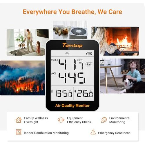 Temtop Indoor Thermometer Air Quality Monitor Beyond Temperature Humidity Meter, Digital Hygro-Thermometer Gauge With Aqi Detector