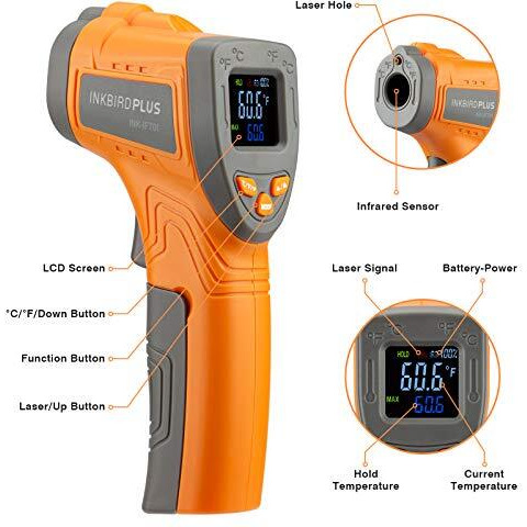 Inkbird Ink-Ift01 Infrared Thermometer Non-Contact Digital Laser Temperature Gun With Adjustable Emissivity And Max Measure Instant Read Thermometer For Cooking Barbecue Automotive And Industrial