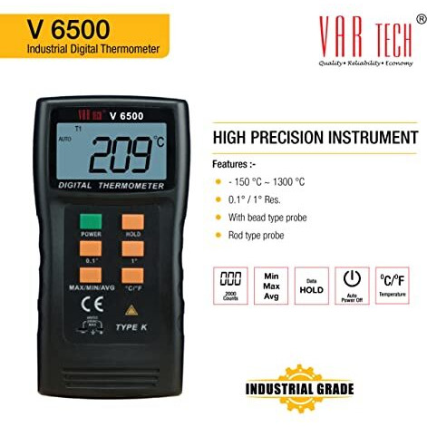 Var Tech Digital Thermometer V 6500 K Type Thermocouple -150 C To 1300 C Industrial Use With Rod Type And Bead Type Probe Data Hold Min/Max/Avg Auto Power Off, Accurate Temperature Measurment