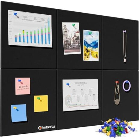 Climberty 6Pcs Black Felt Bulletin Board, 30X30Cm Self-Adhesive Wall Boards With 50Pcs Drawing Pins, Felt Message Board For Paste Notes, Photos, Schedules (Black)