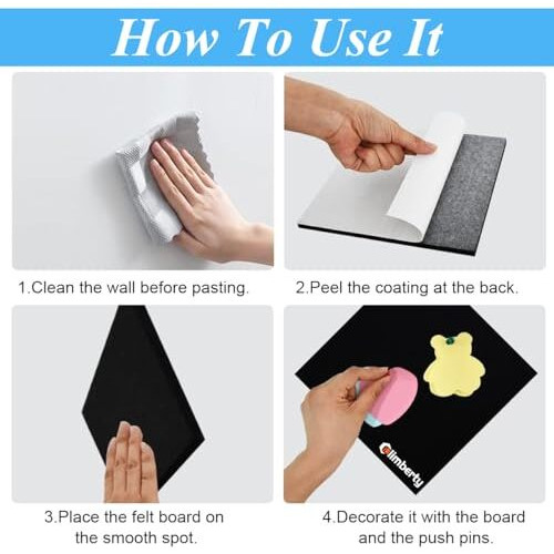 Climberty 6Pcs Black Felt Bulletin Board, 30X30Cm Self-Adhesive Wall Boards With 50Pcs Drawing Pins, Felt Message Board For Paste Notes, Photos, Schedules (Black)