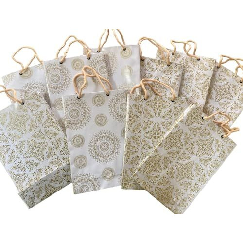 Creative Art Paper Bags For Gifting - White & Gold Small Gift Bags | Paper Gift Bags For Return Gifts, Shopping, Party, Carry Bags | Eco-Friendly, Biodegradable Paper Bag For Return Gift | Pack Of 10