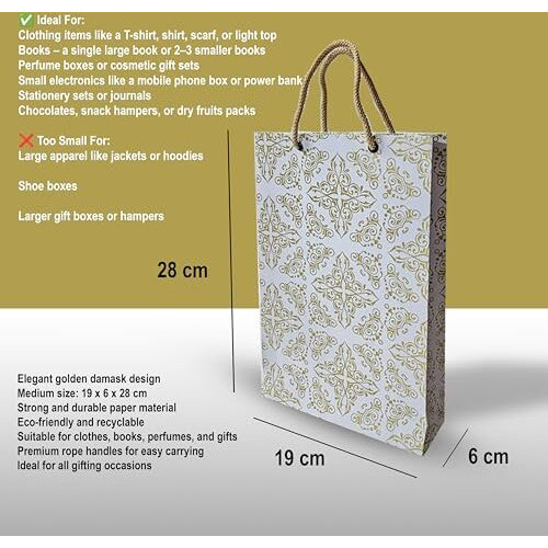 Creative Art Paper Bags For Gifting - White & Gold Small Gift Bags | Paper Gift Bags For Return Gifts, Shopping, Party, Carry Bags | Eco-Friendly, Biodegradable Paper Bag For Return Gift | Pack Of 10