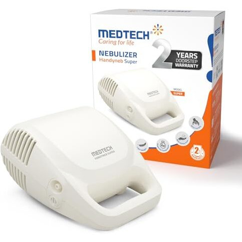 Medtech Handyneb Super Ultra Compact And Low Noise Compressor Nebulizer Machine With Complete Mask Kit For Adult And Child (White)