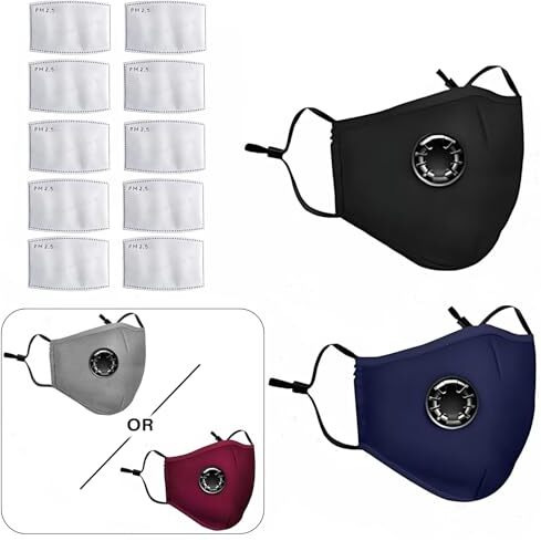 Yugan N99 Anti Pollution Reusable And Washable Face Masks With 10 Replaceable N99 Filters, Unisex, With Valve, Pack Of 3 Masks (Color May Vary)