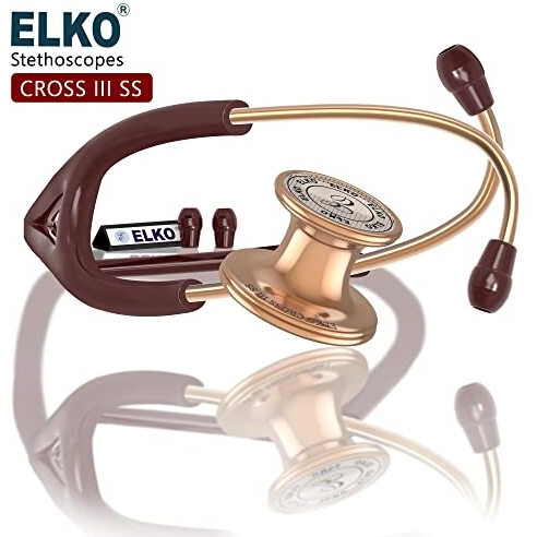 Elko El-190 Rose Gold Edition Cross Iii Ss Stainless Steel Dual Head Acoustic Stethoscope | Adult & Pediatric Stethoscope With Double-Sided Rose Gold Chestpiece | Two-Way Pvc Tubing | Doctors & Medical Students (Brown)