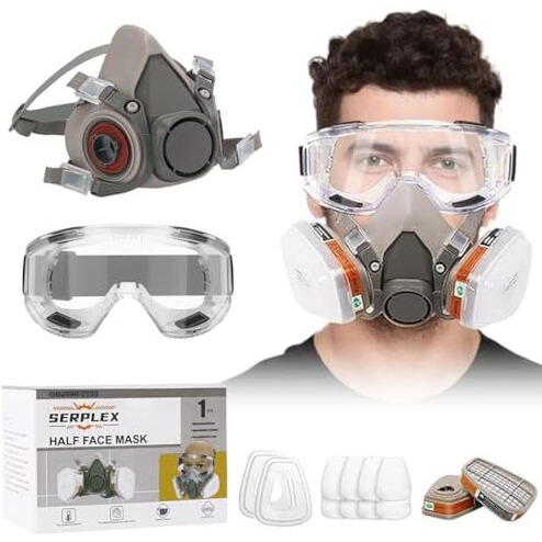 Serplex Gas Mask Set Respirator With Filters And Goggle Activated Carbon Mask Gas Mask Paint Respirator For Epoxy Resin, Wall Painting, Welding, Polishing, Spraying, Mold Removal, Construction