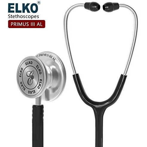 Elko El-160 Primus Iii Al Aluminum Head Stethoscope For Doctors And Medical Students | Double Sided Chest Piece For Adult & Pediatric Patients | U-Shaped Pvc Tubing | Soft Sealing Ear Knobs (Black)