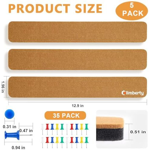 Climberty 5 Pack Felt Bulletin Board, Felt Message Board With 35Pcs Drawing Pins, Self-Adhesive Lightweight Bulletin Board Strips For Paste Notes, Photos, Schedules (Brown)