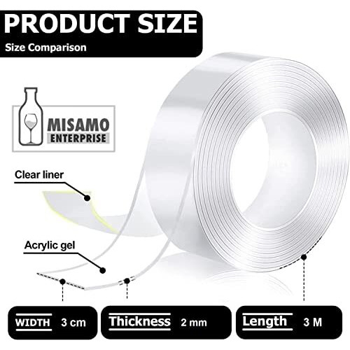 Misamo Enterprise Double-Sided Clear Adhesive Tape, Reusable Mounting Tape For Crafts And Scrapbooking, Diy Projects (2 Mm, 3 Meter)