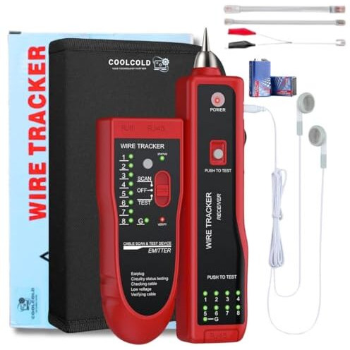 Coolcold Lan Tester | Ethernet Wire Tracker | Network Cable Tester | Rj11 Rj45 Cat5/5E Cat6 Lan Wire Portable Line Finder For Miss Wiring Disorder Cable Open And Short Circuit Testing (Red)