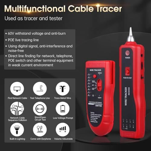 Coolcold Lan Tester | Ethernet Wire Tracker | Network Cable Tester | Rj11 Rj45 Cat5/5E Cat6 Lan Wire Portable Line Finder For Miss Wiring Disorder Cable Open And Short Circuit Testing (Red)
