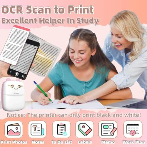 Zeitel Mini Bluetooth Thermal Printer, Portable Label Printer Inkfree Printer For Android & Ios System, Black On White Thermal Printer With 10 Roll Of Print Paper, Stickers, Pink