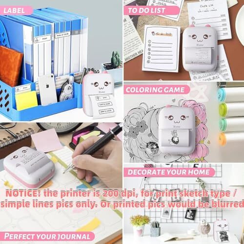 Zeitel Mini Bluetooth Thermal Printer, Portable Label Printer Inkfree Printer For Android & Ios System, Black On White Thermal Printer With 10 Roll Of Print Paper, Stickers, Pink