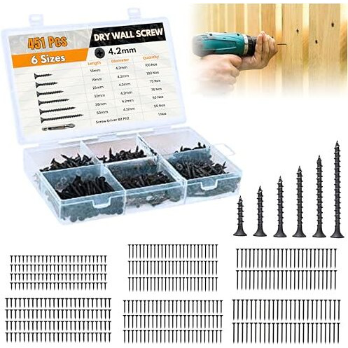 Homdum Assorted Black Dry Wall Screws 6 Sizes (13 Mm To 50 Mm) + Ph Bit 1 Nos, (Pack Of 451 Pieces)