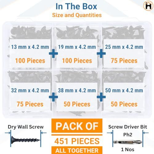 Homdum Assorted Black Dry Wall Screws 6 Sizes (13 Mm To 50 Mm) + Ph Bit 1 Nos, (Pack Of 451 Pieces)