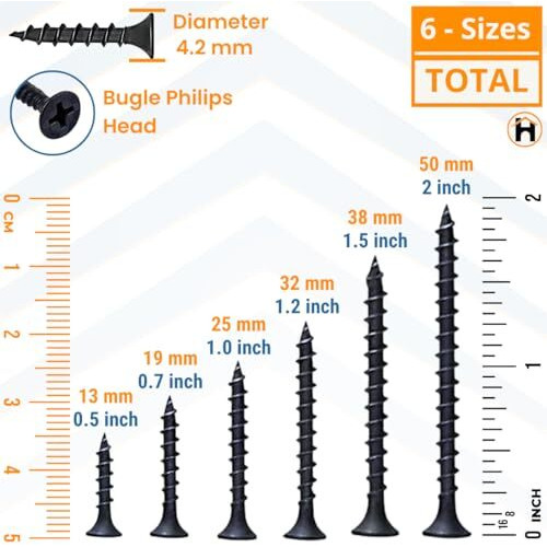 Homdum Assorted Black Dry Wall Screws 6 Sizes (13 Mm To 50 Mm) + Ph Bit 1 Nos, (Pack Of 451 Pieces)