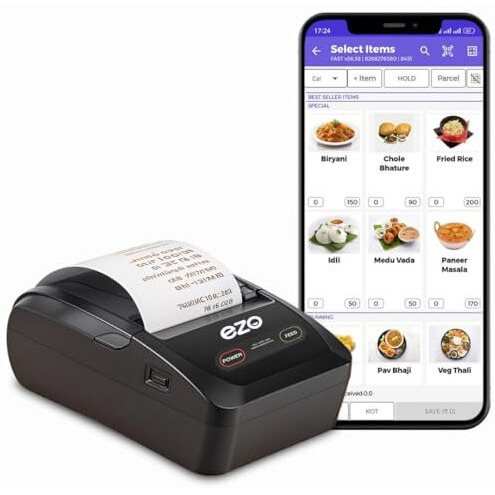 Ezo 58Mm (2 Inch) Direct Thermal Billing Machine | Usb & Bluetooth Connectivity And Rechargeable Battery, Includes 5 Rolls With Software Subscrption (Bl Printer + 12 Months Software Subscription)